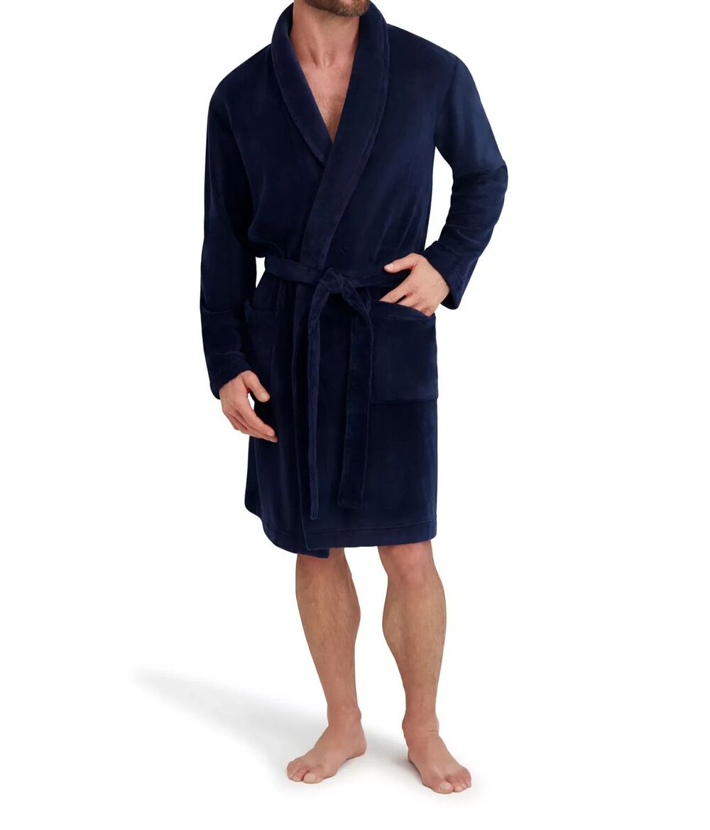 HANES Robe Mens Large XL Navy Blue Plush Fleece Cozy Belted Pockets